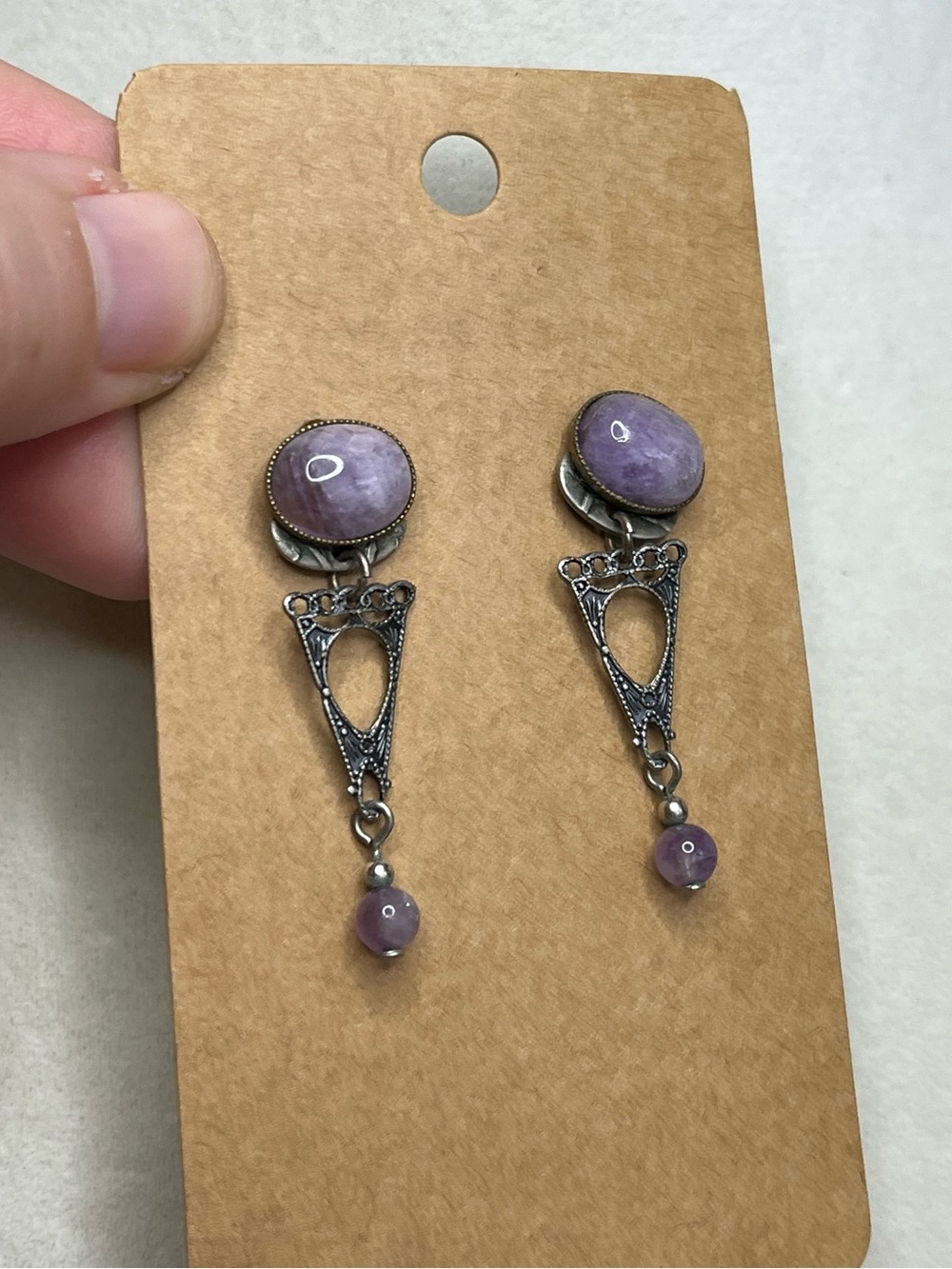 Vintage Victorian style amethyst dangle silver tone earrings